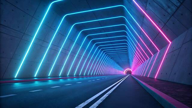 A futuristic tunnel illuminated by vibrant neon blue and pink lights creating a dynamic path