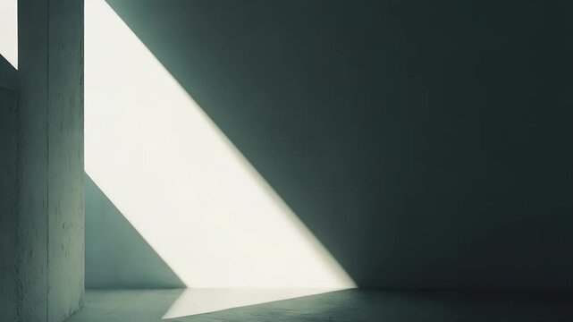 Abstract concrete interior space featuring strong geometric forms and harsh natural light casting a bright, diagonal beam and long shadows on textured walls and the floor