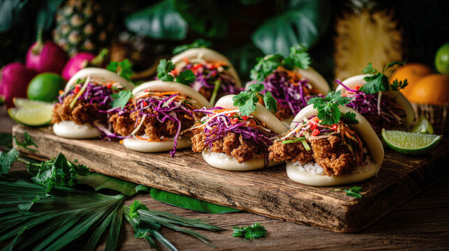 Delicious crispy fried chicken bao buns with purple cabbage slaw and fresh cilantro served on a rustic wooden board with tropical fruits like pineapple and dragon fruit in a lush jungle background
