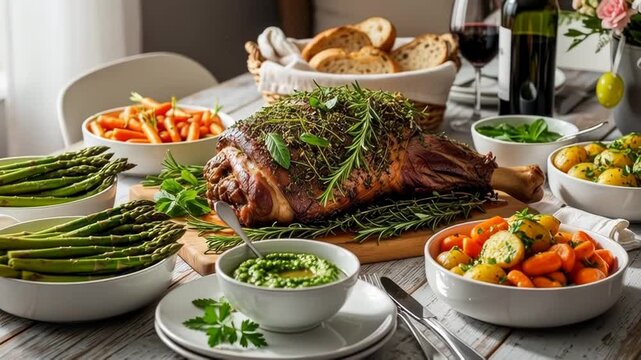 Elegant dinner table with roast lamb, vegetables, and wine in cozy dining room setting