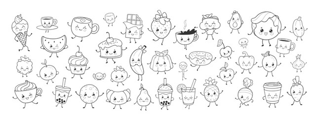 Vector illustration of cute food, fruits, vegetables and drinks with smiling faces. Flat isolated object collection in line art.