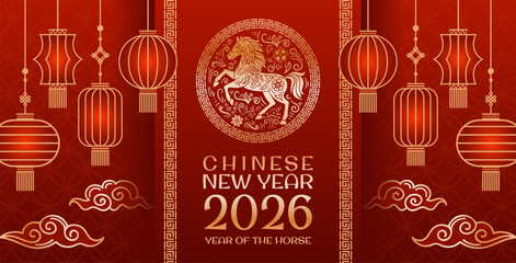 The design for the celebration of the Chinese New Year in the year of 2026 is vibrant and inviting. For advertising, website, poster, sale flyer. A red fire horse.