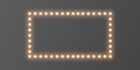 Light bulb gold frame. Glitter luxury decoration. Golden lamp rectangle banner. Retro neon wall billboard. Cinema, casino design. Mirror background. Marquee circus bg. Vintage. Vector illustration. © Liubov