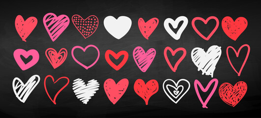 Vector illustration of hand drawn colorful hearts. Love symbol collection on chalkboard background