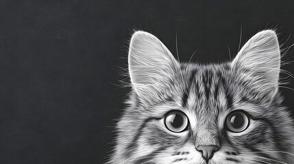 A detailed black and white close up of a fluffy tabby kitten s face looking directly at the viewer with large expressive eyes and pointed ears set against a dark textured backdrop