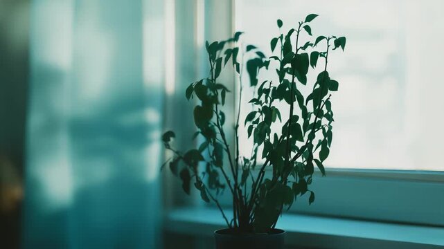 Potted plant sitting on a round table, casting long shadows on the wall next to a window with diffused morning light filtering through sheer curtains, creating a serene and calm indoor atmosphere