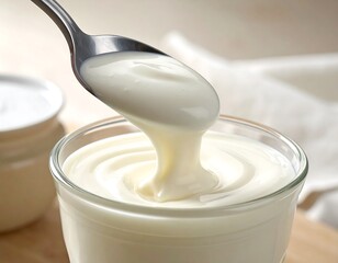 Creamy delight: Spoon pouring fresh yogurt into a clear glass for healthy snack