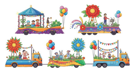 Obraz premium Colorful parade floats with flowers, balloons, and joyful characters—celebrating Irish spirit, imagination, and festive unity for St. Patrick’s Day.