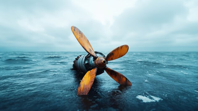 A close-up view of a rusty propeller partially submerged in ocean water, highlighting the contrast between the metal and the vibrant sea under a dramatic cloudy sky.