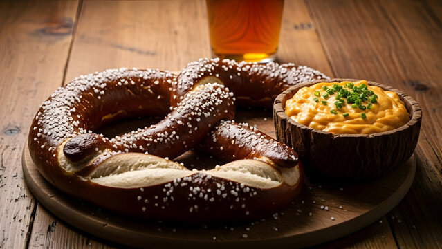 Soft pretzel with beer cheese dip on wooden table with glass of beer
