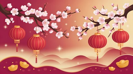 Chinese lanterns blooming cherry blossoms festival celebration background