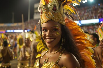 Brazilian carnival dancer smiling wearing colorful costume