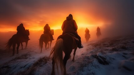 A group of silhouetted riders on horseback traverses a foggy landscape as a stunning sunset casts a golden glow, evoking feelings of adventure and freedom in nature.