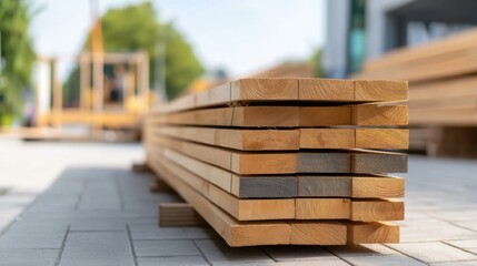 Stack of Wooden Planks on Sidewalk with Blurred Construction Background, Showcasing Natural Grain and Color Variations