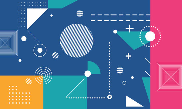 Dynamic abstract geometric background vector illustration in vibrant blue, magenta, and teal colors; modern 80s Memphis style pattern for presentations and web design.