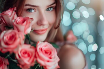 Young woman smiling holding bouquet of pink roses