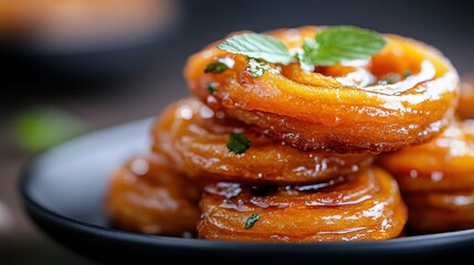 Fototapeta premium A tantalizing presentation of syrupy churros arranged on a plate, garnished with a mint leaf, showcasing the delectable fusion of flavors and textures.
