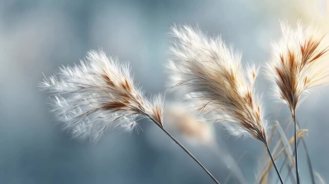 Fluffy cattails sway gently against a soft blue-gray background in a serene natural setting.