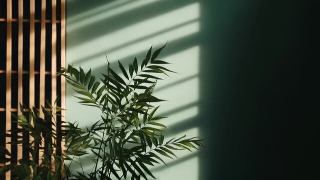 Potted parlor palm bathed in morning sunlight, casting intricate leaf shadows on a two tone mint and dark green wall, minimalist botanical interior with calm, modern feel