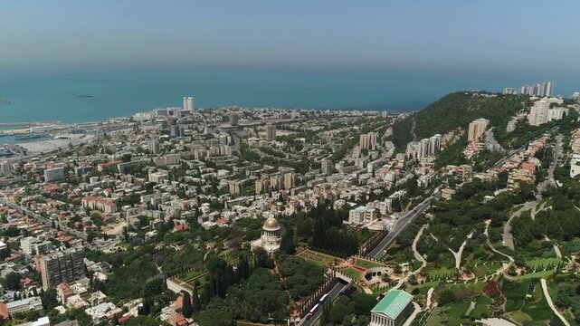 Aerial View of Baha i Gardens and Haifa Port on Mount Carmel at Sunrise, Israel.