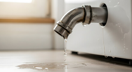 Water leaking from rusty drain pipe, causing a puddle on bathroom floor. Generated-AI.