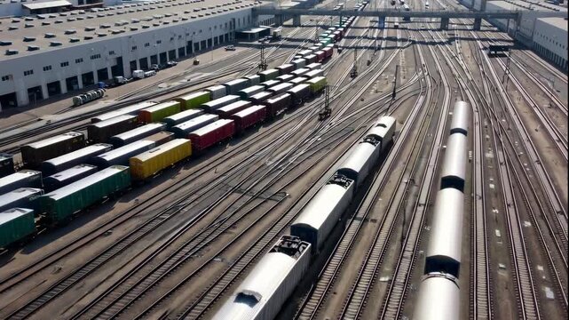 Aerial video footage of a bustling train yard with multiple tracks and trains