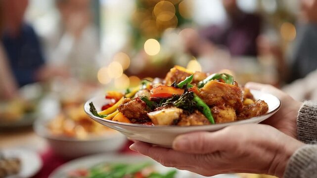 Serving a Plate of Stir- Fried Chicken and Vegetables at a Holiday Meal