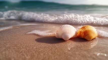 Two beautiful seashells sit gracefully on a sandy beach, kissed by gentle ocean waves, encapsulating the serene essence of coastal beauty and nature's artistry.