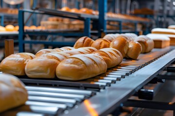 Fresh bread loaves moving along bakery production line