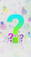 A gradient question mark towers above smaller question marks and geometric shapes, evoking a concept of uncertainty, problem-solving, and seeking information
