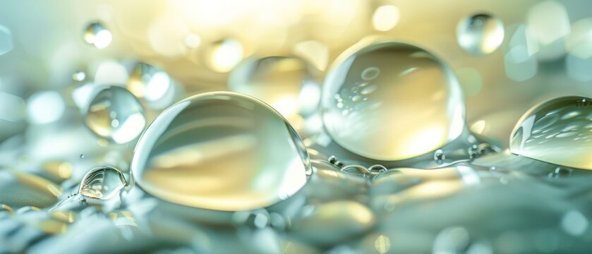 Soft blue yellow light Macro abstract of oil bubbles floating on water
