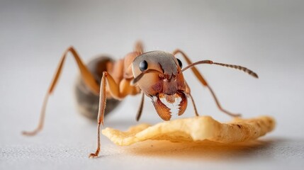 Close-Up Photograph of an Ant Consuming a Piece of Food on White Surface with Fine Detail and Clarity