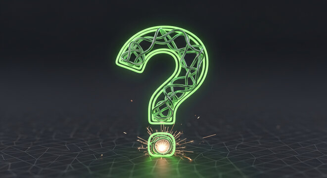Luminous green question mark with wires inside and sparkles below on dark polygonal surface, representing uncertainty, interrogation, or potential solution