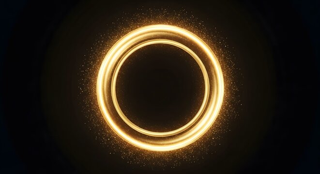 Glowing golden rings with sparkling particles on a dark background, award concept