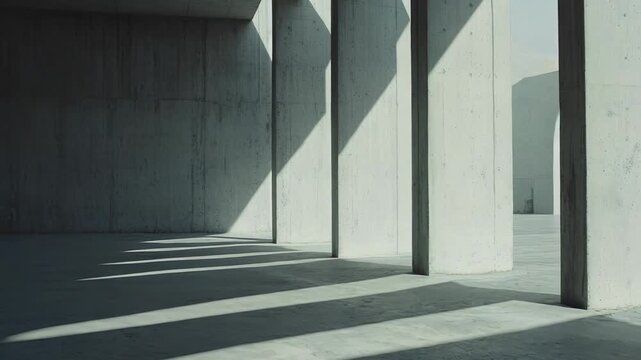Concrete architectural building interior offering an empty, modern space with geometric pillars and walls, highlighting the interplay of natural light and elongated shadow designs on the floor