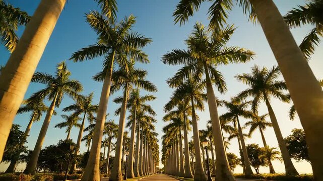Palm tree lined pathway at sunset