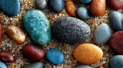 Colorful smooth rocks on sandy beach background