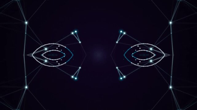 Futuristic Cybernetic Eyes Network. Abstract Digital Vision Concept with Glowing Dots and Lines on Dark Background.