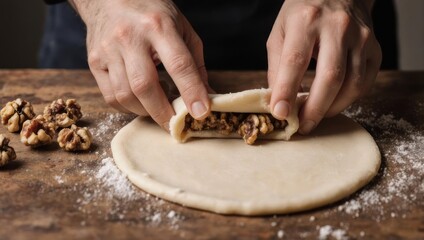 Close up of hands rolling dough with a walnut filling on a wooden table, preparing a sweet pastry.