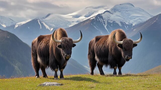Two Shaggy Yaks Standing On Alpine Meadow Near Snow Capped Mountains