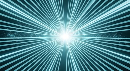 Cyan light rays exploding from a central point with digital network overlay
