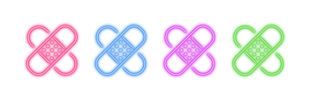 Neon glowing band, aid vector icons set, medical plaster, wound care, first aid, health protection, colorful digital design illustration on transparent background.