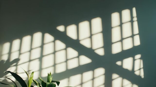 Indoor interior featuring a vibrant green houseplant in a terracotta pot alongside a wicker stool and chair, with natural light casting striking grid pattern shadows onto a plain wall