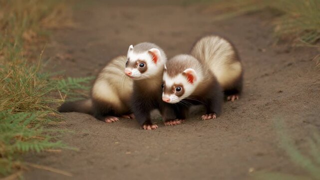 Two Cute Black Footed Ferrets Sitting Together On Dirt Path Outdoors