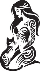 Black Ink Tribal Woman and Cat. Tattoo Girl Shirt Design. Tattoo girl t-shirt or poster print design