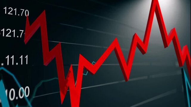 A video showcasing a red graph line trending upwards on a dark background with white numbers and lines, indicating a positive financial growth in a dynamic and vibrant market.