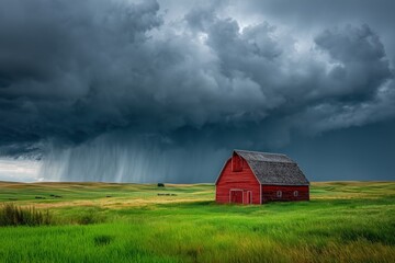 Obraz premium A red barn stands in a green prairie, with dramatic black storm clouds pouring down rain.