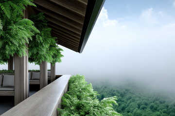 Naklejka premium Modern rooftop terrace wooden railing lush green plants outdoor seating misty forest view tranquil serene natural peaceful scenic