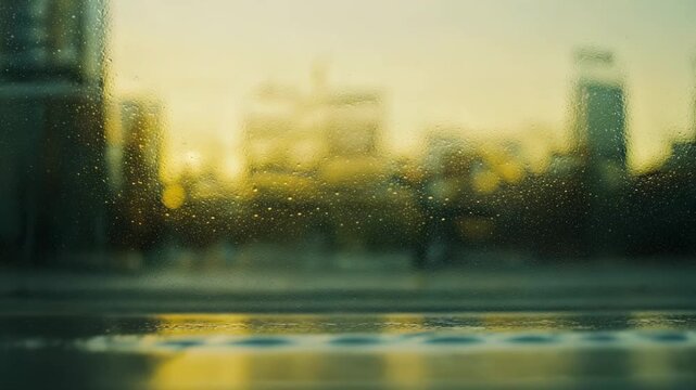 Blurred urban panorama showing building silhouettes against a soft evening sky, creating an abstract representation of city dynamics, atmosphere, and modern life