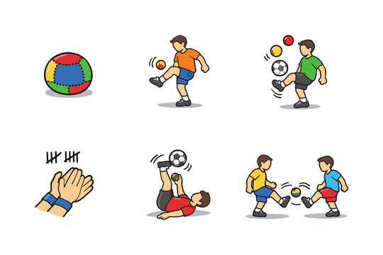Kids playing hacky sack and soccer with fun colorful ball and dynamic moves
